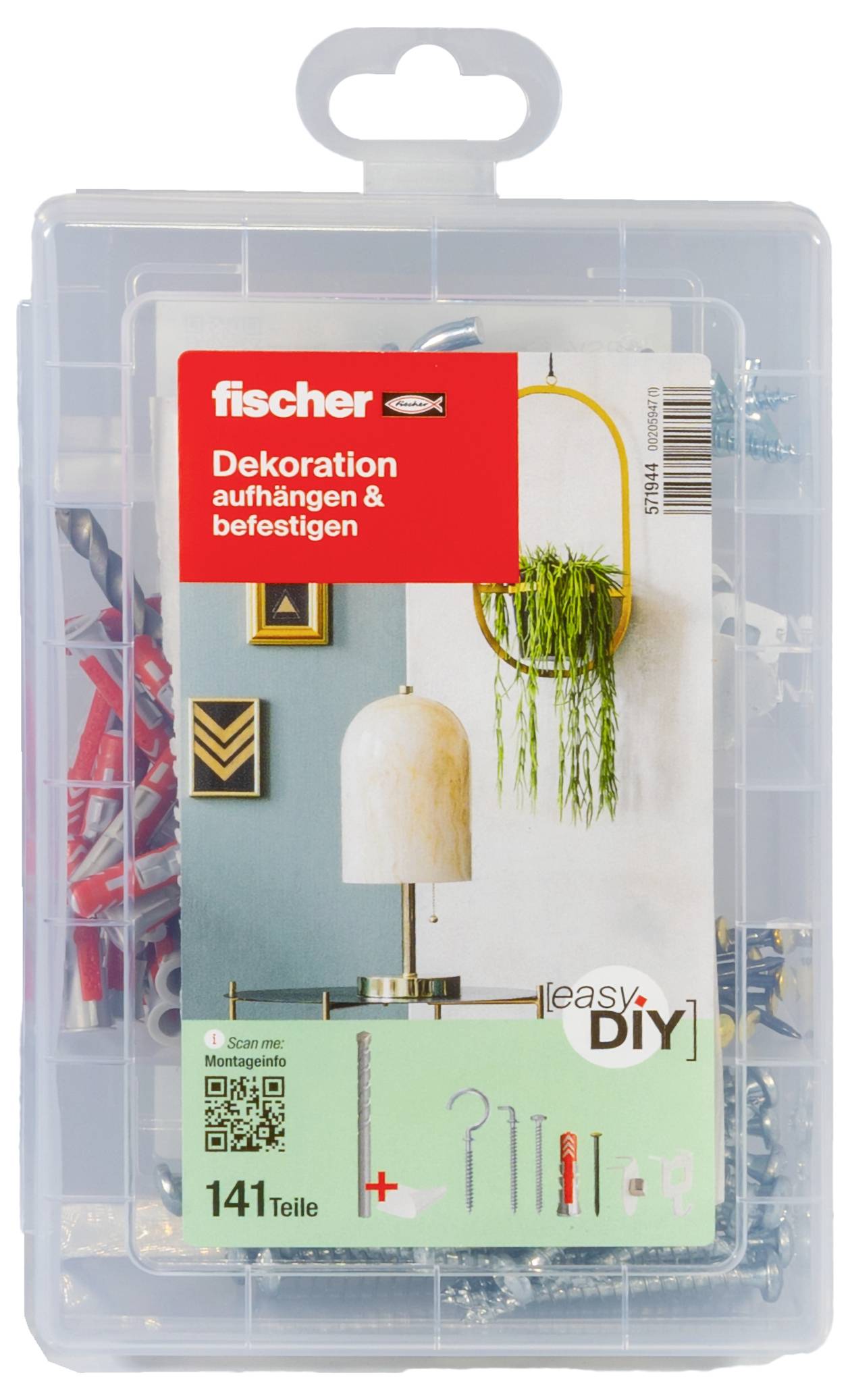 Kunststoffbox mit 141 Teilen zur Dekoration und Befestigung. Enthält Haken, Dübel und Schrauben. Verpackung zeigt Anwendungsidee.