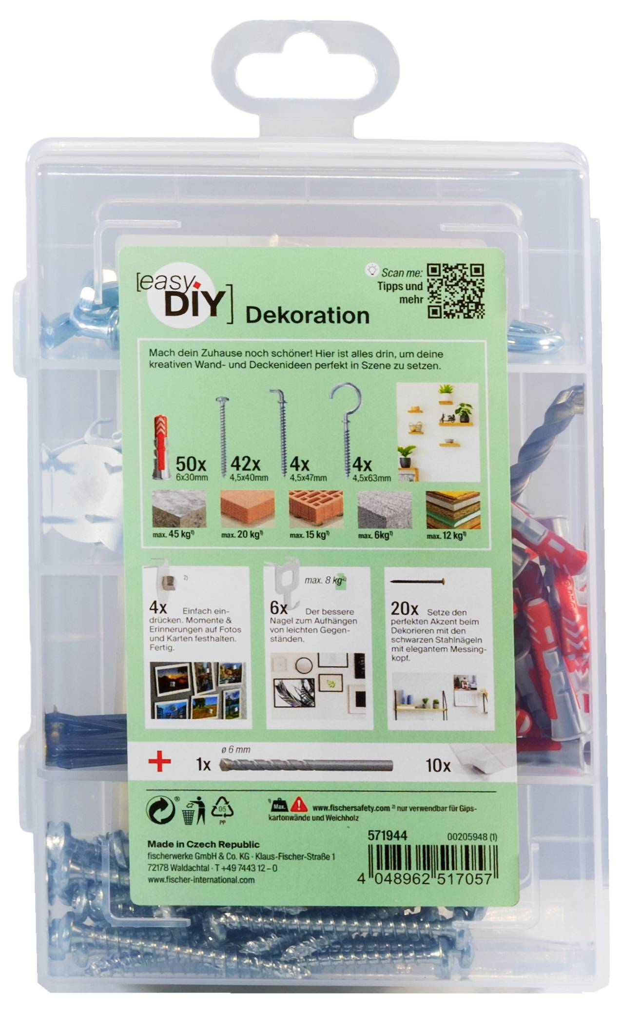 Verpackung mit 'Easy DIY Dekoration' Set. Beinhaltet Haken, Schrauben und Farben zur Wanddekoration. Anleitungen und Clips enthalten.
