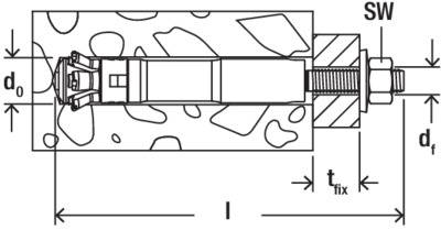 Technische Zeichnung eines Schraubenbolzens mit Maßen: Durchmesser (d_o, d_f), Schlüsselweite (SW), Länge (l), Fixiertiefe (t_fix). Hintergrundmuster zeigt strukturiertes Material.