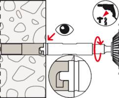 Illustration eines Bohrer-Entersystems: zeigt Teile, Wände, Pfeile zur Richtung, Bohrer dreht sich, Auge für Sichtkontrolle.