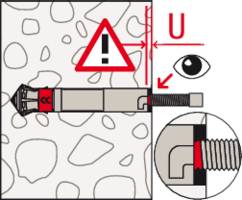 Diagramm zeigt Sicherheitsabstand (U) eines Dübels in einer Wand. Achtungssymbol kennzeichnet wichtige Sicherheitshinweise.