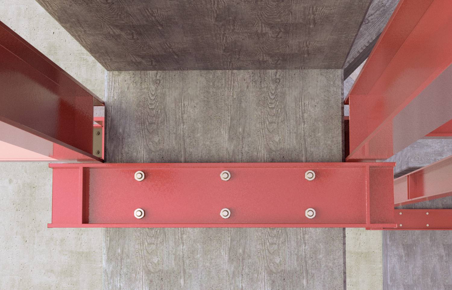 Rote Stahlträger in einem Baugerüst, von oben gesehen. Sechs Bolzen verbinden die Hauptträger. Hintergrund zeigt Beton- und Holzstruktur.