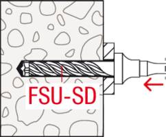 Bohrerspitze in einer Wand mit der Beschriftung 'FSU-SD'. Zeigt die Platzierung des Bohrers im Material.