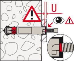 Zeichnung mit Wandbefestigung, Schraube, Warnsymbolen und Augen. Achtung: Befestigung nicht zu nah an der Kante platzieren.