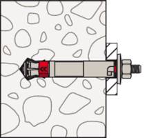 Diagramm zeigt Schraubanker in einer Betonwand. Sichtbare Details sind Ankerkörper und befestigte Schraube.