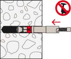 Eine Illustration zeigt einen Dübel, der korrekt in eine betonähnliche Wand eingesetzt ist. Ein rotes Symbol mit durchgestrichenem Nagel weist darauf hin, dass Nägel nicht verwendet werden sollen.