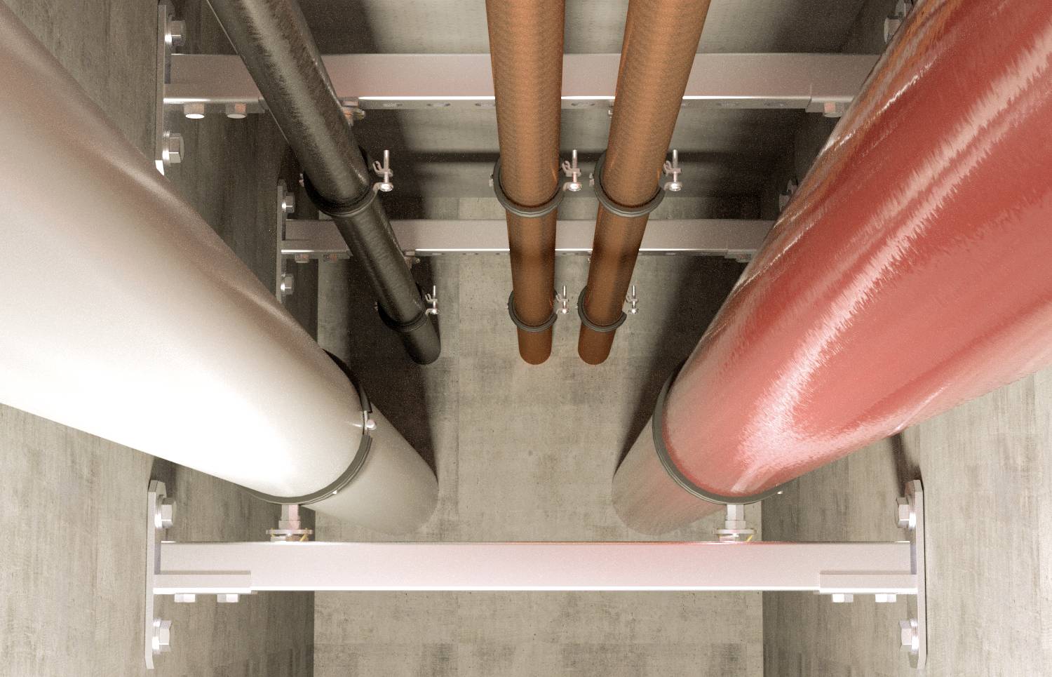Verschiedene Rohrleitungen in einem Schacht. Links ein weißes, in der Mitte zwei braune und rechts ein rotes Rohr. Strukturen aus Metall.