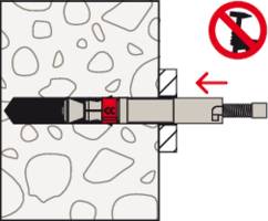 Illustration zeigt einen Bolzenanker in einer Betonwand mit einer roten Markierung und einem Pfeil zur rechten Seite. Ein durchgestrichener Nagel ist daneben.