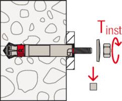 'Installation von Tinst' zeigt eine Schraube mit einem Dübel in einer Wandaufnahme. Pfeile weisen auf die Drehung und Richtung der Installation hin.