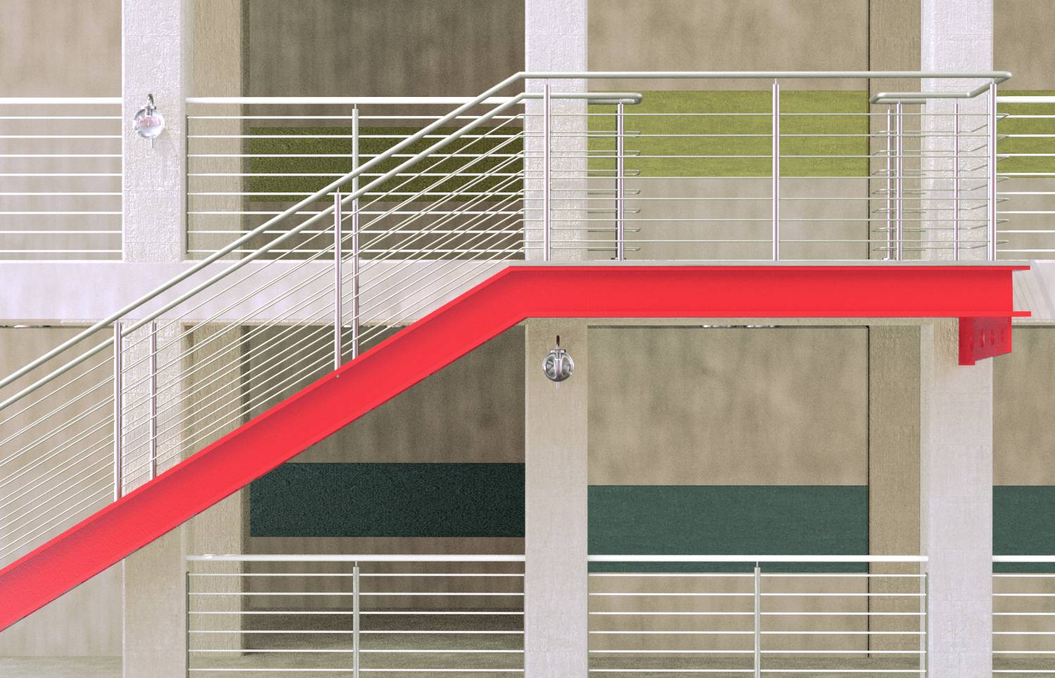 Rote Treppe mit Metallgeländer, links dekorative Wandleuchte, führt zu gestrichenem Betongebäude. Minimalistisches Design.