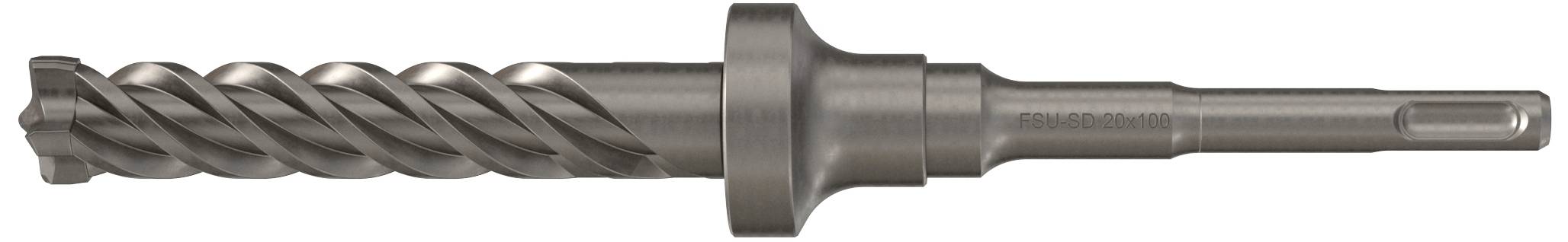 Bohraufsatz aus Metall mit spiraligen Klingen, geeignet für leistungsstarke Bohrmaschinen; typisches Design für Betonbearbeitung.