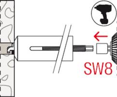 Diagramm zeigt die Installation eines Dübels in einer Wand; Bohrmaschine-Symbol rechts oben, Hinweis 'SW8' für Werkzeuggröße.