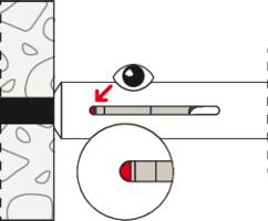 Illustration eines Hygienetests zur Feuchtigkeitskontrolle, Pfeil zeigt auf rot markierten Bereich, Auge zur Anzeigeprüfung.
