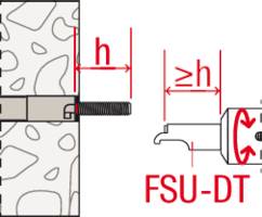 'FSU-DT'-Einbauschema: Ein Schraubelement wird in eine Wand gebohrt. Maße 'h' und '≥h' verdeutlichen Tiefe und Durchmesser.