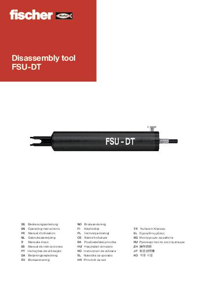 'Disassembly tool FSU-DT': Abbildung eines schwarzen Werkzeugs in Form eines Zylinders mit der Aufschrift 'FSU-DT', umgeben von mehrsprachigen Bezeichnungen.