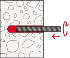Abbildung eines Dübels, der in eine Betonwand gedreht wird. Ein roter Pfeil zeigt die Drehrichtung des Dübels an.