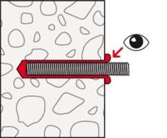 Ein Schraubendübel ist in einer Wand eingesetzt. Ein Auge zeigt auf die richtige Position der Befestigung, um sie zu fixieren.
