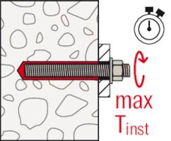 Ein Schraubenanker wird in eine Betonwand gedreht, neben einer Stoppuhr mit dem Hinweis 'max Tinst'.