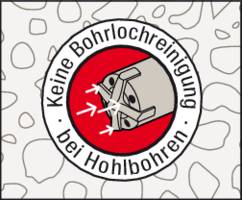 'Schild mit Text: Keine Bohrlochreinigung bei Hohlbohren.' Grauer Bohrer auf rotem Hintergrund, umgeben von abstrakter Musterung.