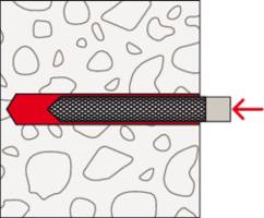 Ein roter Pfeil zeigt auf ein graues Rechteck, das in eine Wand mit Steinen und Mörtel eindringt. Der Pfeil symbolisiert Druck oder Bewegung.