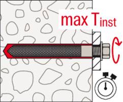 Ein Diagramm zeigt eine Schraube in einer Wand mit der Aufschrift 'max Tinst' und einem Stoppuhr-Symbol, was auf eine maximale Installationszeit hinweist.