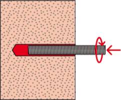 Ein roter Dübel wird in eine Wand eingeführt. Ein Pfeil zeigt auf die Expansion des Dübels, um eine feste Verankerung zu demonstrieren.