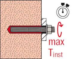 Darstellung eines Bolzens in einer Wand. Text: max. Tinst. Stoppuhr-Symbol zeigt maximale Einbauzeit an.