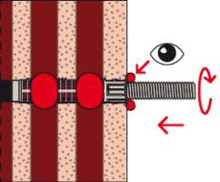 Diagramm zeigt eine Schraube, die in eine Wand gedreht wird, mit Pfeilen für Drehrichtung und Beobachtung.