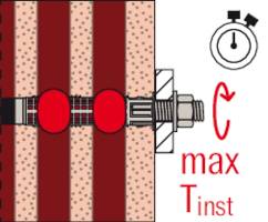 Grafik zeigt einen Bolzen, der eine mehrschichtige Wand durchdringt. Daneben steht 'max Tinst' mit Drehanzeige und Stoppuhr-Symbol.