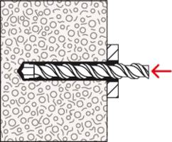Bohrschema: Ein Bohrer dringt von rechts in eine strukturiert dargestellte Wand ein. Die rote Pfeilspitze zeigt die Bohrrichtung.