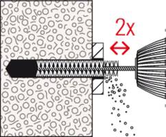 Bohrmaschine bohrt in Mauerwerk. Roter Pfeil zeigt Bewegung '2x' an. Zeichnung veranschaulicht Bohrtechnik.