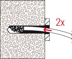 Zeichnung eines Dorns mit Pfeil, der auf das 2x doppelte Loch im Material zeigt, um die Montage zu verdeutlichen.