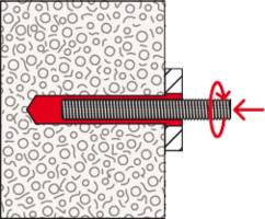 Diagramm eines Ankers, der in strukturiertem Material befestigt ist. Ein roter Pfeil zeigt die Einschraubrichtung in das Material an.