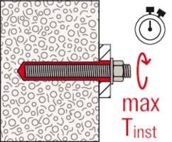 Diagramm zeigt eine Schraube, die in eine Wand gedreht wird. Eine Uhr symbolisiert die maximale Installationszeit Tinst.