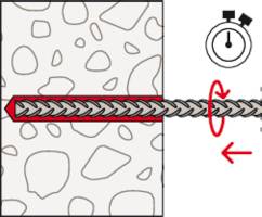 'Bohrer in Betonwand mit Uhr-Symbol' zeigt die Bohrrichtung und Betonbeschaffenheit, hervorgehoben durch roten Pfeil und Spirale.