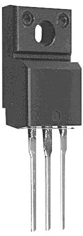 Dreibeiniger schwarzer elektronischer Transistor, vertikal ausgerichtet, mit Befestigungsloch oben. Elektronikkomponente in Nahaufnahme.