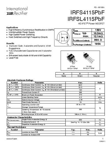 Infineon Technologies IRFS4115PBF-GURT MOSFET 1 N-Kanal 375W D2PAK