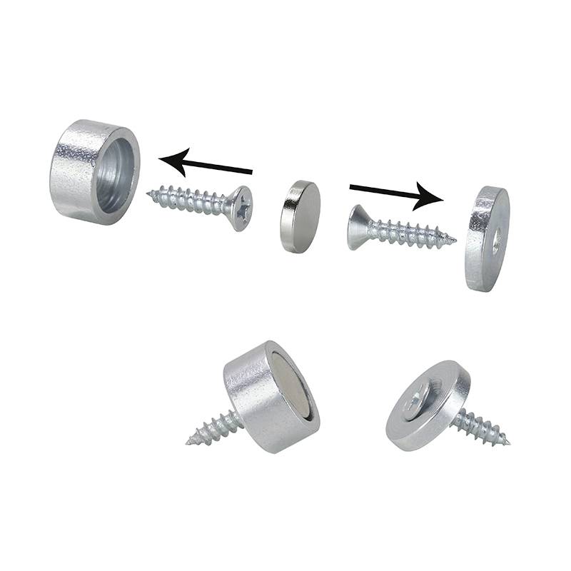 Metallische Magnetkupplung, bestehend aus Magnet, Gehäuse und Schrauben. Montageanweisung mit Pfeilen dargestellt.