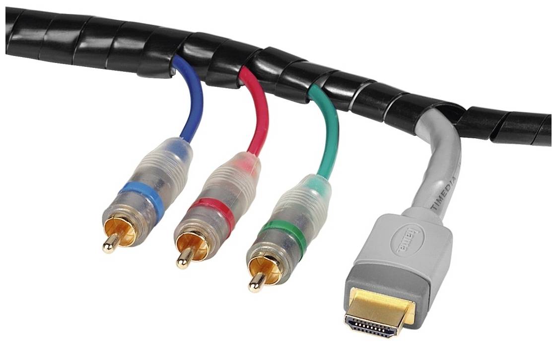 Ein HDMI-Kabel und drei RCA-Stecker (blau, rot, grün) zur Übertragung von Audio- und Video-Signalen.