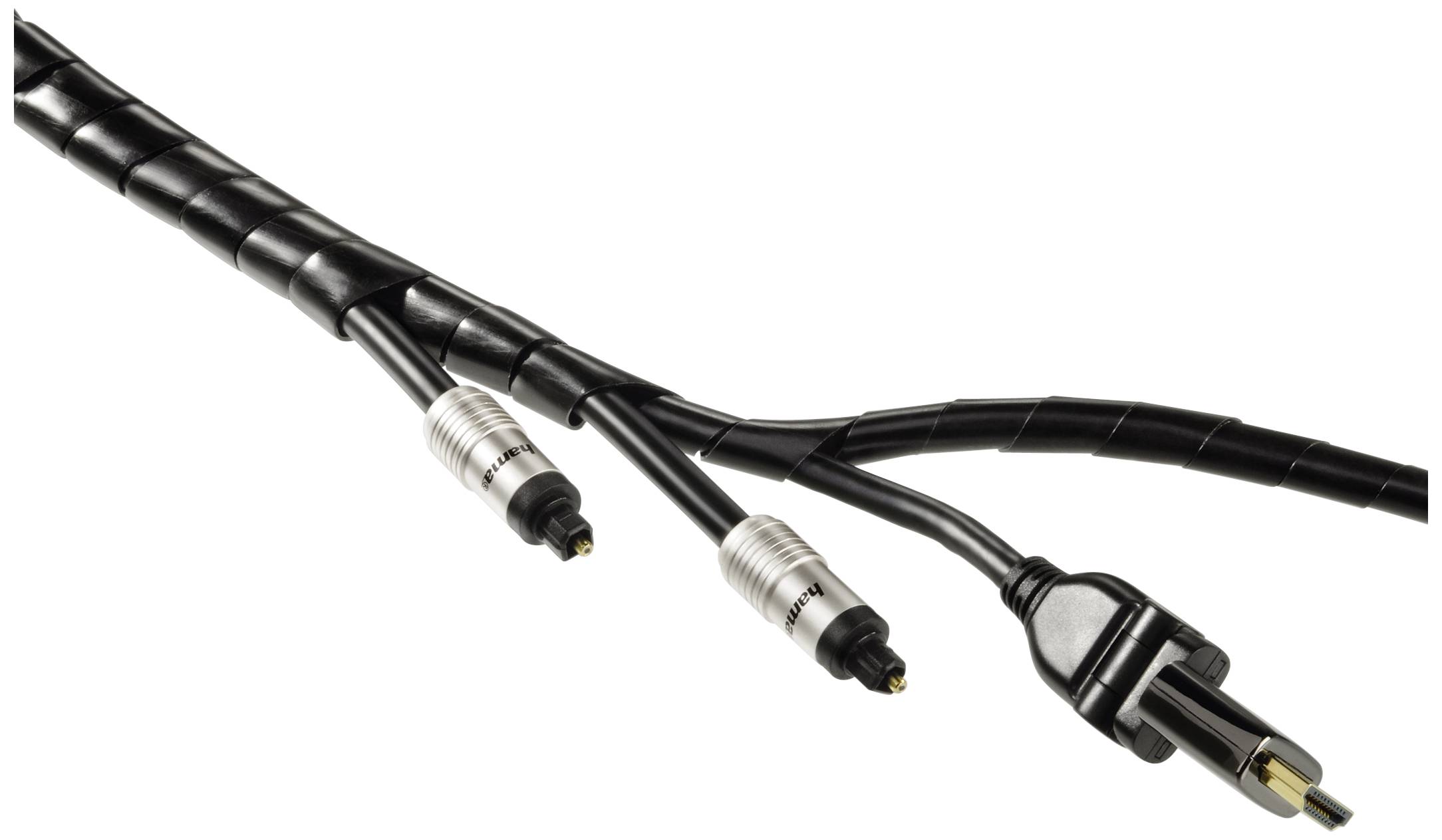 Ein schwarzes Stromkabel mit drei Enden: zwei Koaxialstecker und ein Stecker für die Stromversorgung, vor weißem Hintergrund.