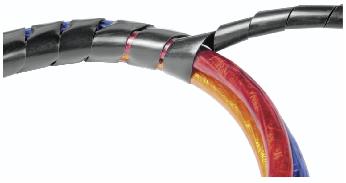 Zwei Kabel, sicher mit schwarzem Spiralkabelschutz umwickelt; eines enthält rote und blaue Drähte, das andere ist schwarz beschichtet.