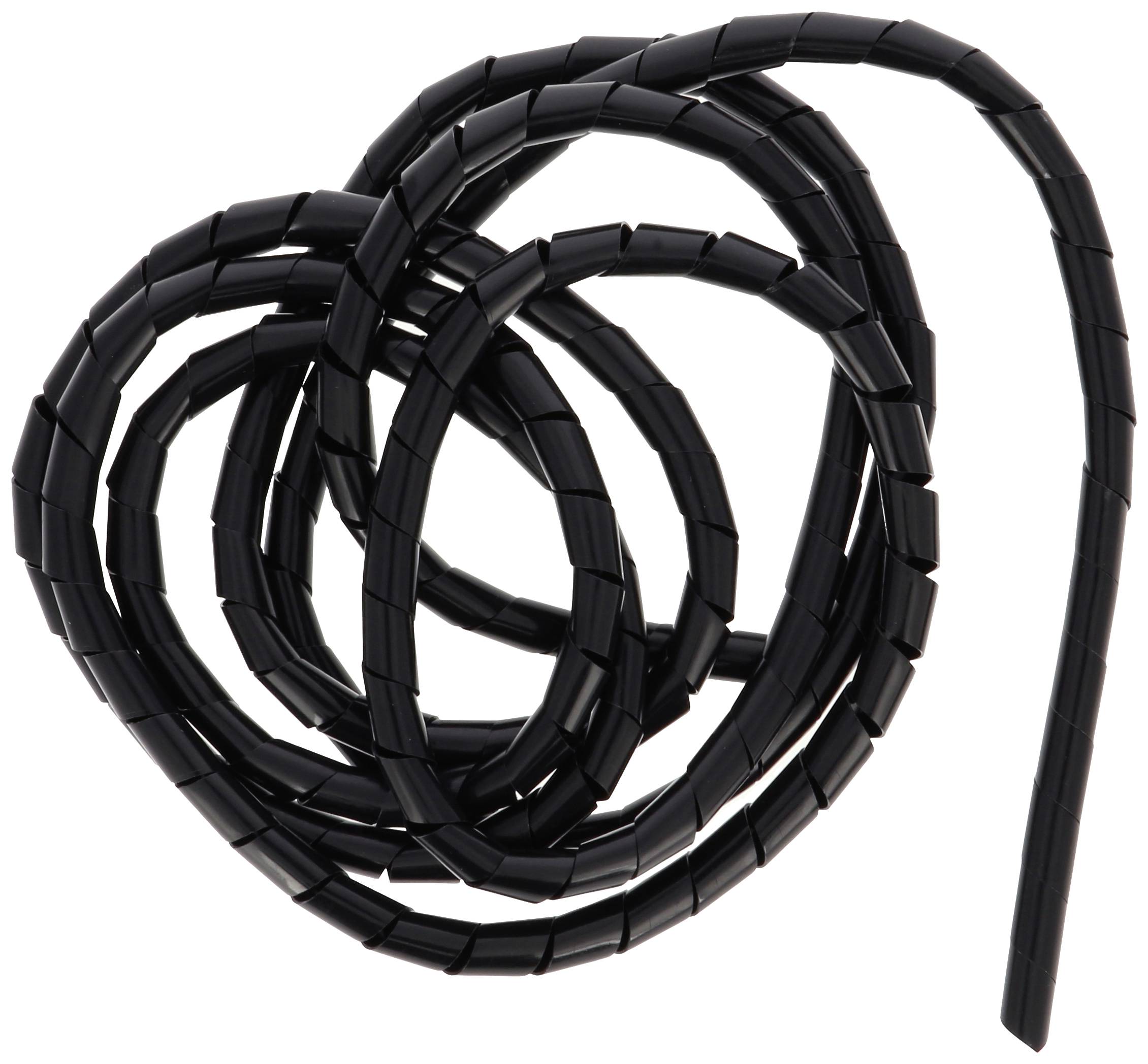 Schwarzer Spiralwickelschlauch, mehrfach gewunden, dient zum Bündeln und Schützen von Kabeln.
