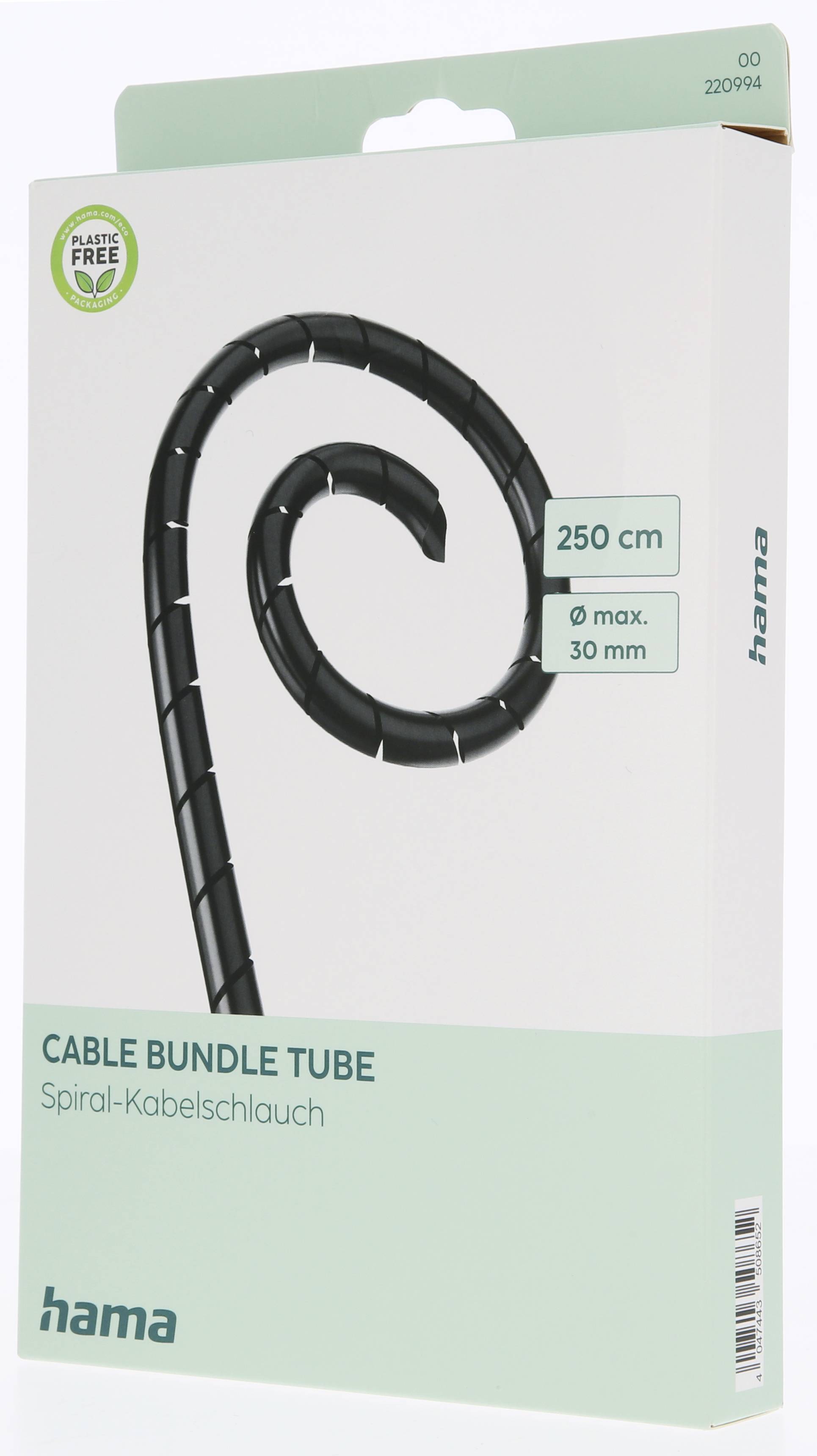 Verpackung für einen Hama Spiral-Kabelschlauch, Länge 250 cm, Durchmesser 30 mm, plastikfrei.