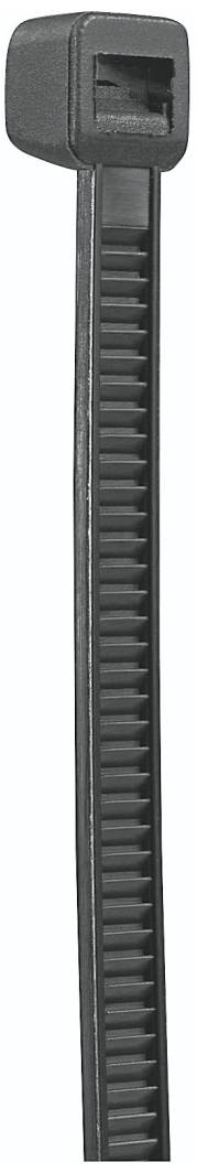 Schwarzer Kabelbinder mit geriffeltem Band und rechteckiger Verschlussschlaufe.