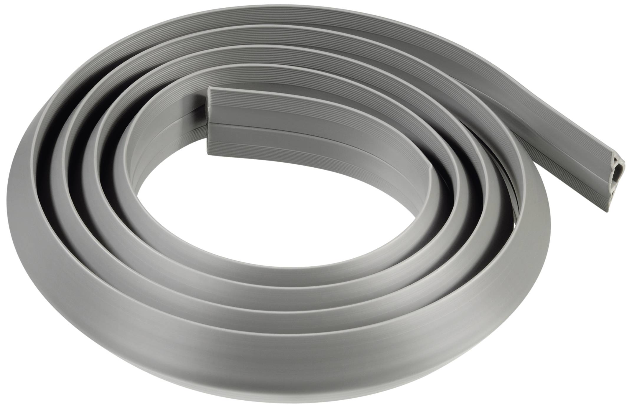 Graue, flexible PVC-Kabelkanalabdeckung in Spiralform aufgerollt. Perfekt zur Organisation von Kabeln und zur Vermeidung von Stolperfallen.