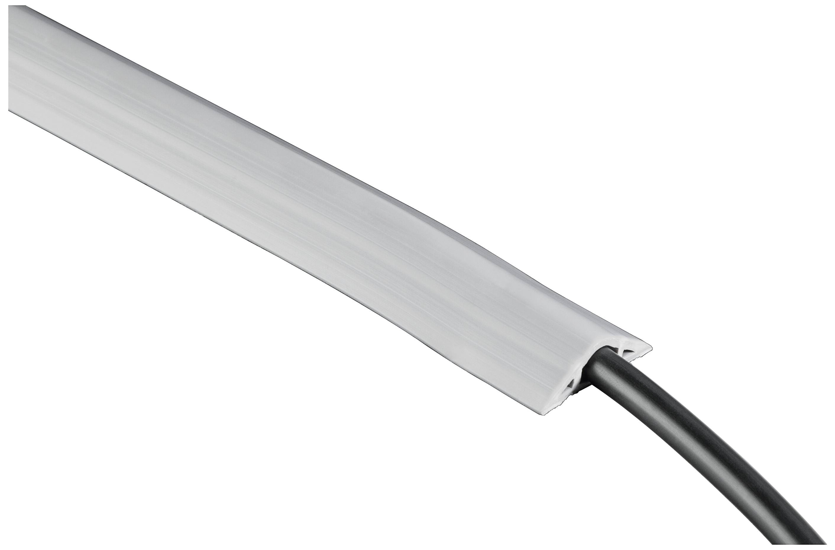 Ein Kabelkanal aus Kunststoff mit einem darin verlaufenden schwarzen Kabel. Der Kanal hält das Kabel sicher und ordentlich.