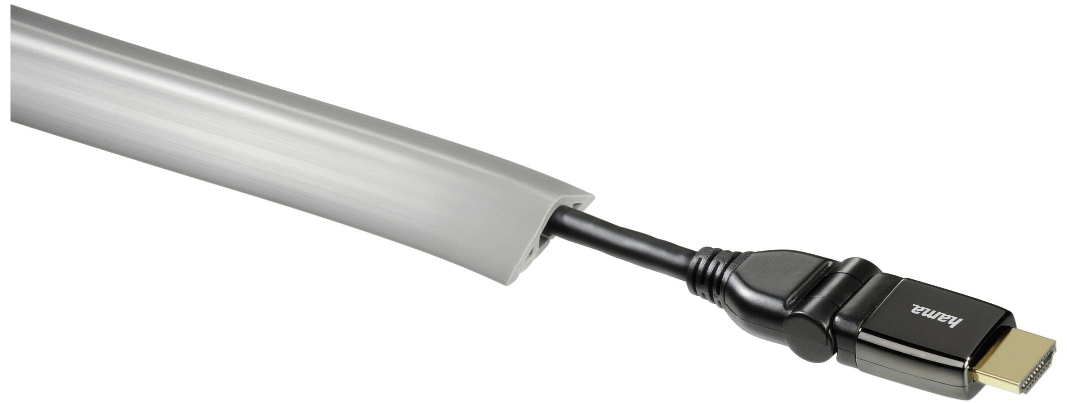 Ein schwarzes HDMI-Kabel mit einem Stecker auf einem weißen Hintergrund. Der Stecker ist teilweise sichtbar, der Kabelmantel ist grau.