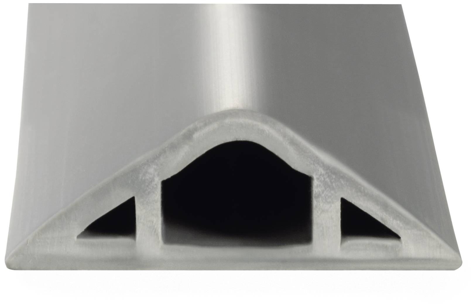 Ein silberfarbenes, halbrundes Metallprofil mit zwei inneren Verstrebungen. Geeignet für industrielle Anwendungen oder Türdichtungen.