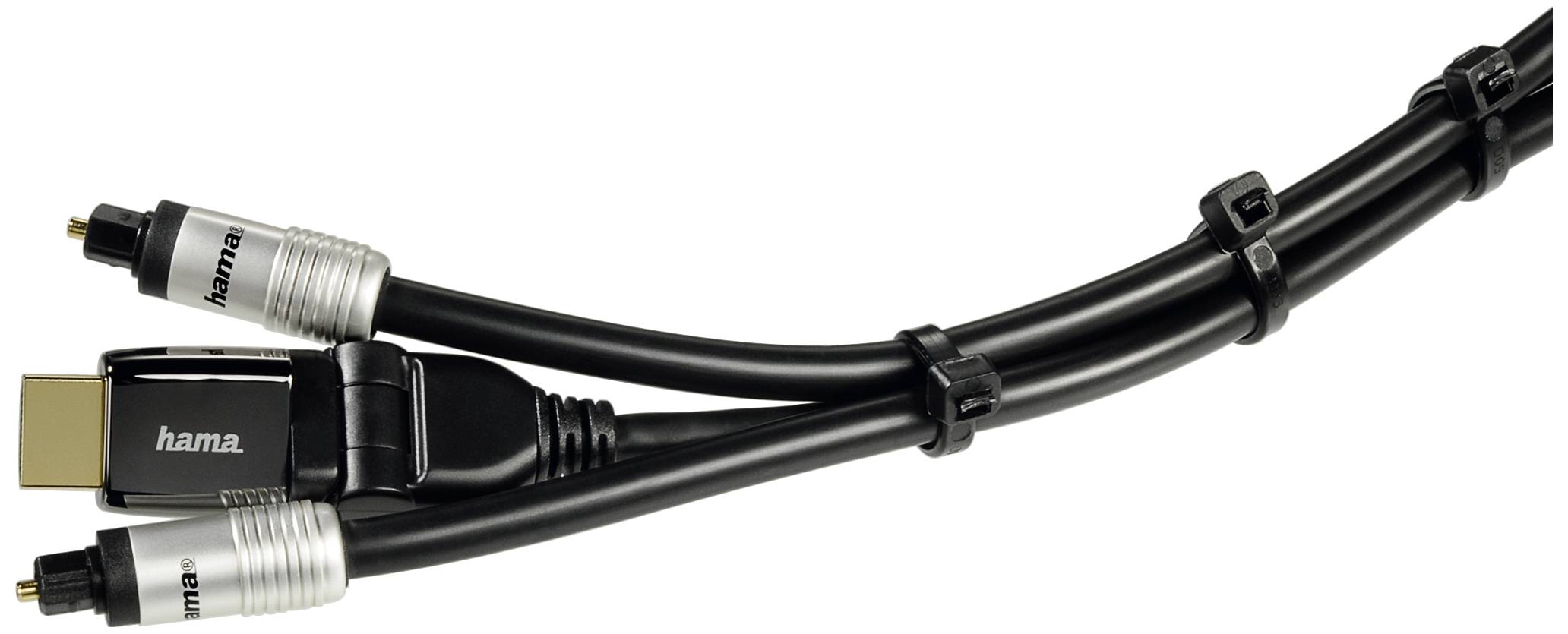 Ein schwarz-silbernes AV-Kabel, das in drei separate Anschlüsse aufgeteilt ist, mit Markenname 'Hama' auf jedem Stecker. Ideal für Heimkino.