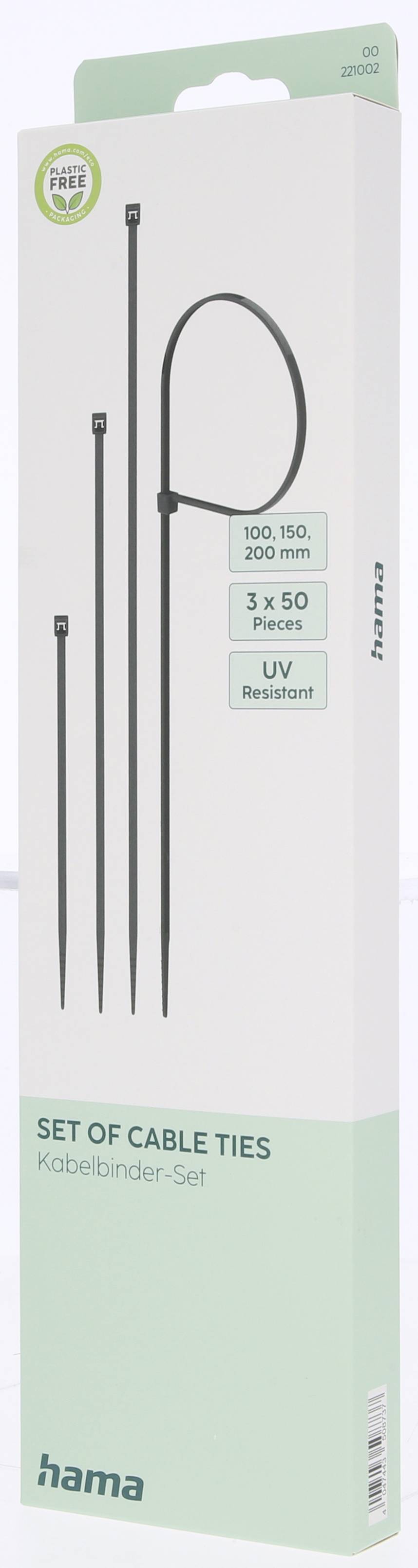 Verpackung für Kabelbinder; enthält Größen 100, 150 und 200 mm, 3 x 50 Stück, UV-beständig. Marke: Hama.